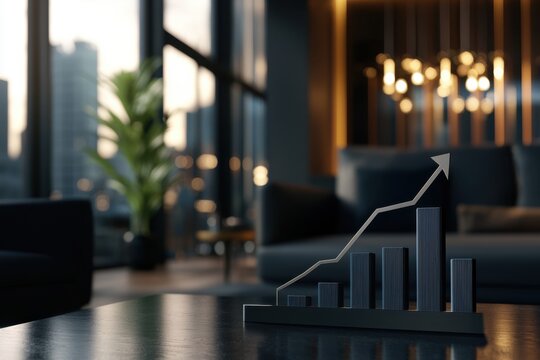 A black and white graph with a line going up is on a table in a room - Powered by Adobe