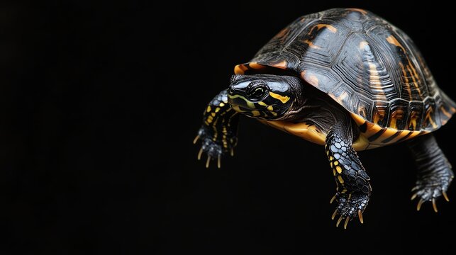 A small turtle with a patterned shell crawls on a black background.