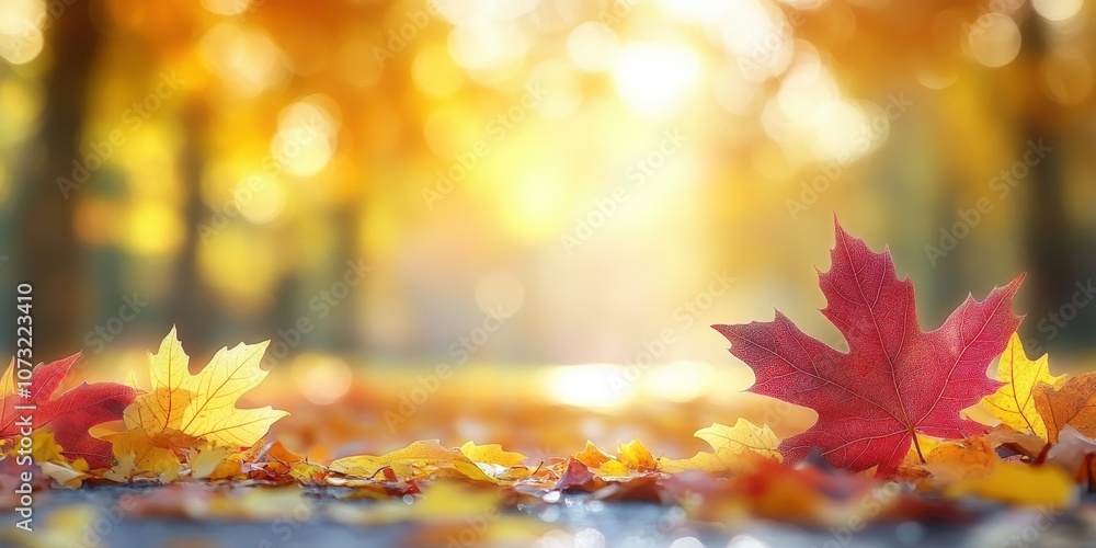 Poster vibrant autumn leaves spreading across a softly blurred background with warm light filtering through