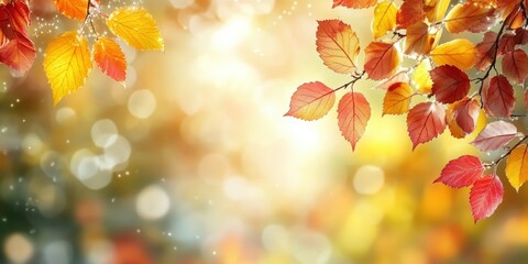 Obraz premium Vibrant and Bright Autumn Leaves in a Defocused Panoramic Scene Capturing the Essence of Fall Colors and Natural Beauty in a Dreamy Landscape