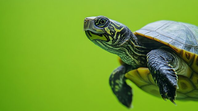 A small turtle with a patterned shell crawls across a green background.