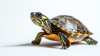 Fototapeta premium A small turtle with a patterned shell crawls on a white background.