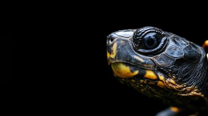 Obraz premium A close-up photo of a turtle's face, showing its eye and shell, with a blurred green background.