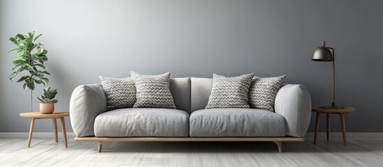 Minimalist living room interior with grey sofa, wooden side tables and lamp, and green plants.