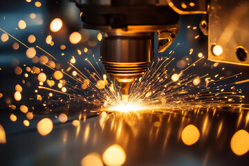 Photo of Sparks from industrial laser cutting, close-up view of sheet metal being cut, dynamic image showing cutting edge technology