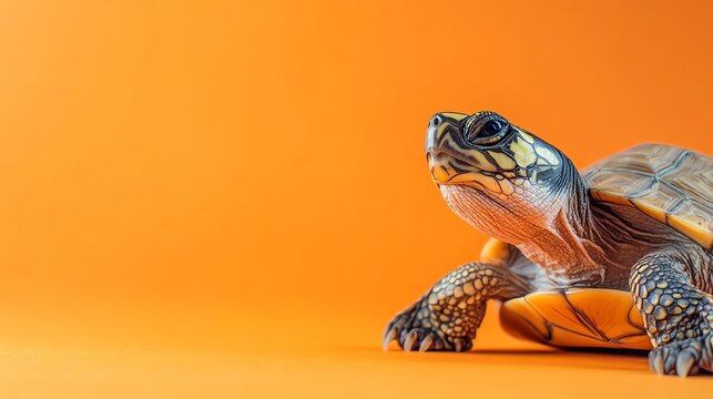 A small turtle with a patterned shell crawls across an orange background.