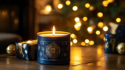A blue and gold candle with a single flame burns brightly on a wooden table.  The background is blurred with warm yellow lights.