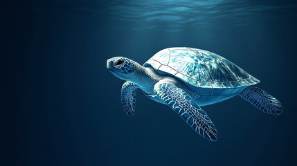 A sea turtle swims gracefully through the water, isolated on a blue background.