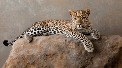 A leopard is laying on a rock