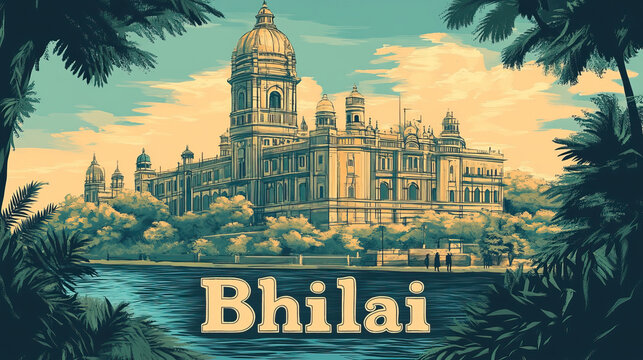 Bhilai, India, retro french vintage art nouveau travel poster art. City name in text, bold art nouveau font. Background, banner, wallpaper