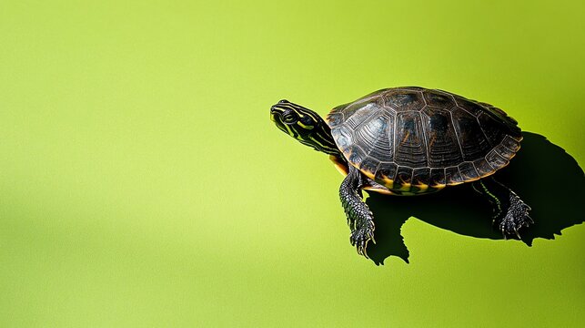 A small turtle with a patterned shell crawls across a green background.