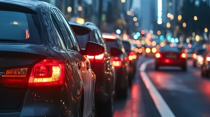 A long line of cars stopped in a city traffic jam at night.