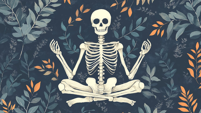 A playful pattern featuring a skeleton in a meditative pose surrounded by leaves pattern vector illustration.