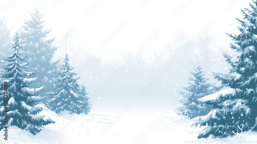 Poster A snowy forest with two trees in the foreground