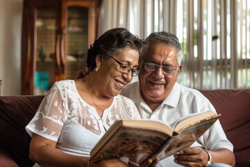 an older hispanic couple reading a book