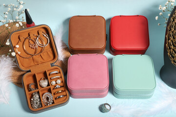 Diffirent colors leather jewelry box. Concept shot, top view. Custom background jewelry box view....