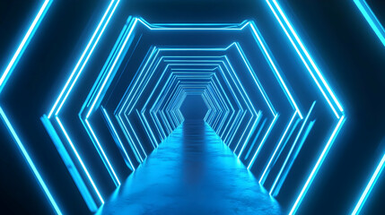 A futuristic tunnel of glowing blue hexagonal frames forming a geometric path with neon lighting.
