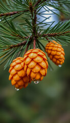 Close-Up of Orange Pine Cones with Water Droplets on Branch against Blurred Greenery, Creating a Serene and Natural Scene