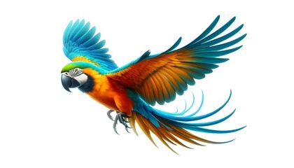 Obraz premium Colorful macaw parrot flying isolated on white. Set of colorful flying macaw parrot, isolated on white background. flying parrots isolated on white background, clipart. Parrot Png with transparent bg