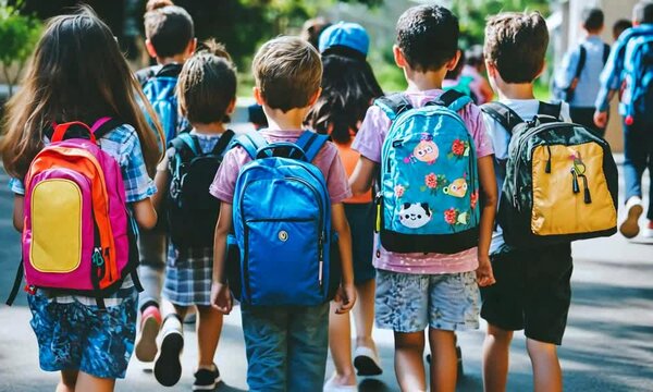 Children going to school with their backpacks seen from the back