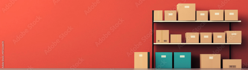 Poster a collection of neatly stacked boxes on a shelf against a vibrant red wall, showcasing organization 