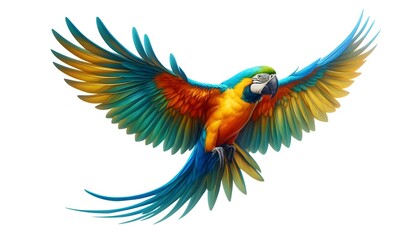 Obraz premium Colorful macaw parrot flying isolated on white. Set of colorful flying macaw parrot, isolated on white background. flying parrots isolated on white background, clipart. Parrot Png with transparent bg