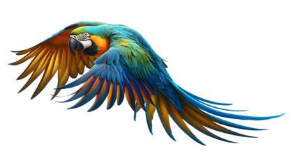 Fototapeta premium Colorful macaw parrot flying isolated on white. Set of colorful flying macaw parrot, isolated on white background. flying parrots isolated on white background, clipart. Parrot Png with transparent bg