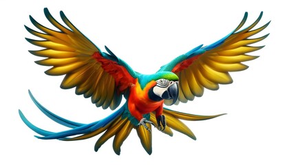 Fototapeta premium Colorful macaw parrot flying isolated on white. Set of colorful flying macaw parrot, isolated on white background. flying parrots isolated on white background, clipart. Parrot Png with transparent bg