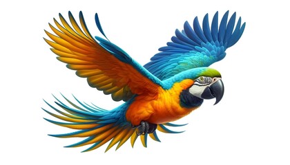 Fototapeta premium Colorful macaw parrot flying isolated on white. Set of colorful flying macaw parrot, isolated on white background. flying parrots isolated on white background, clipart. Parrot Png with transparent bg