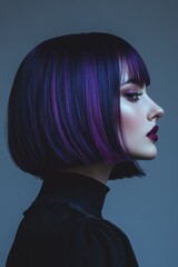 Dark purple dyed hair, shoulder length bob haircut, side view of face, woman dressed in black. Bright stylish coloring that emphasizes individuality