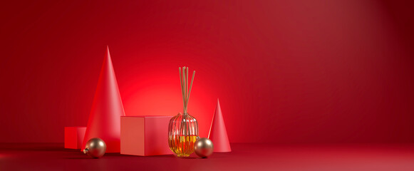 The red horizontal minimal scene with diffuser and gold ornament Christmas theme. 3d rendering.