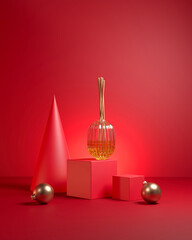 The red vertical minimal scene with diffuser and gold ornament Christmas theme. 3d rendering.