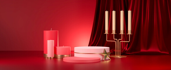 Festive premium red scene with gold and red candle, red curtain and product stand. 3d rendering.