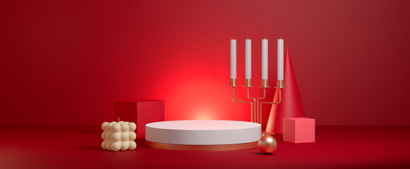 Festive minimal red  podium scene with candle and pedstal. 3d rendering.
