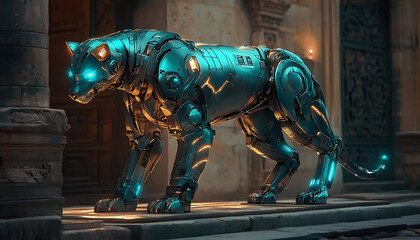 cybernetic animal with sleek metallic body and glowing blue eyes, standing in ornate architectural setting, exuding futuristic and powerful presence