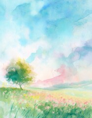 Fototapeta premium watercolor landscape painting with a tree