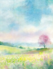 watercolor landscape painting with a tree