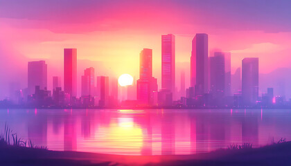 Fototapeta premium vibrant geometric cityscape at sunset, showcasing tall buildings reflecting in water. warm colors create serene and captivating atmosphere