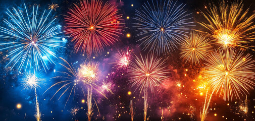 vibrant festival scene with colorful fireworks lighting up night sky, creating festive atmosphere filled with joy and celebration