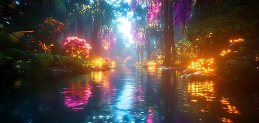 Obraz premium vibrant jungle scene with colorful flowers and glowing reflections in water, creating magical atmosphere. lush greenery and bright hues evoke sense of tranquility and wonder
