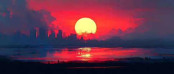 Obraz premium vibrant sunset over city skyline, casting warm hues across water, creating serene and captivating atmosphere
