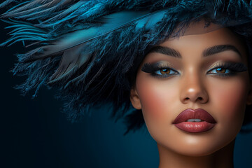 Fototapeta premium A woman with a blue feather hat and red lipstick