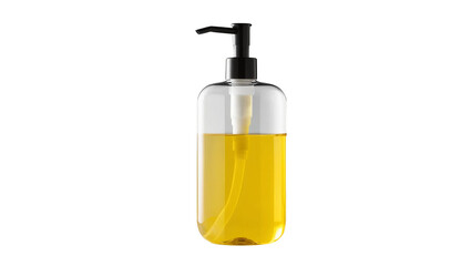 Fototapeta premium Yellow Liquid Soap Dispenser. Features A Transparent Bottle With A Pump, Ideal For Bathrooms And Kitchens. Isolated on transparent background