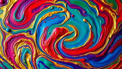 Obraz premium Abstract Swirling Acrylic Paint in Vibrant Hues of Red, Blue, Green, and Gold