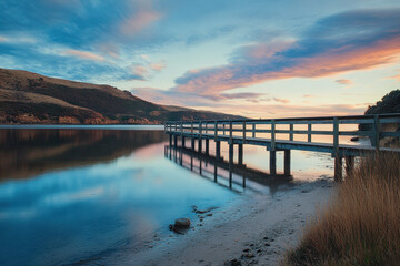 Naklejka premium Tranquil pier extending over a calm lake with vibrant sunset skies casting reflections on the water, creating a serene and peaceful natural landscape.