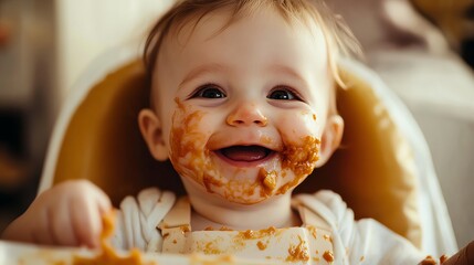 A baby is covered in food, smiling and laughing while sitting in a high chair.
