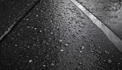 Close-up of Textured Black Asphalt Surface with Water Droplets and Reflections, Capturing Urban Rainfall Aesthetic, Suitable for Backgrounds, Environmental Concepts, or Industrial Design