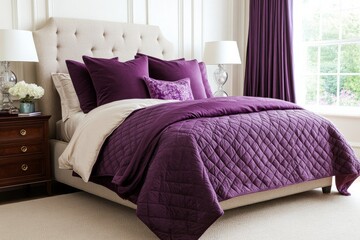 Obraz premium Luxurious bedroom featuring plum curtains and vintage bed with maroon bedding and a beige rug for tranquil relaxation