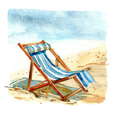 Fototapeta premium A wooden folding chair on a beach with a white background, perfect for relaxation and vacation by the sea