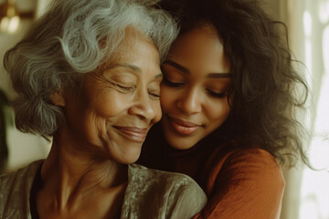 Fototapeta premium two African American women embracing, the elderly woman with silver hair hugging her adult daughter from behind, both smiling joyfully in an embrace. 
